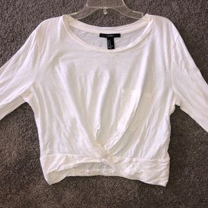 White long sleeve cropped top w/ knotted front